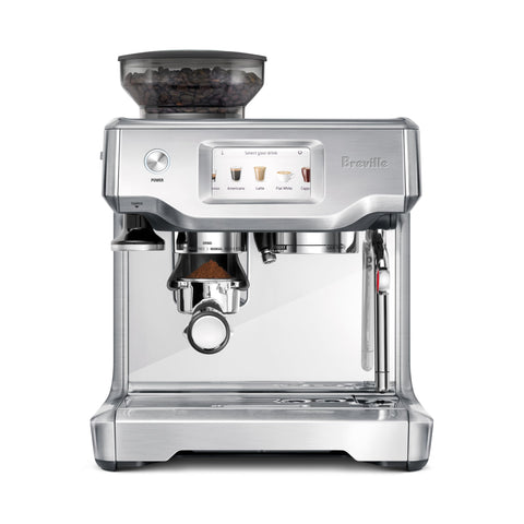 Breville Barista Touch BES880BSS front view in brushed steel for at‑home espresso.