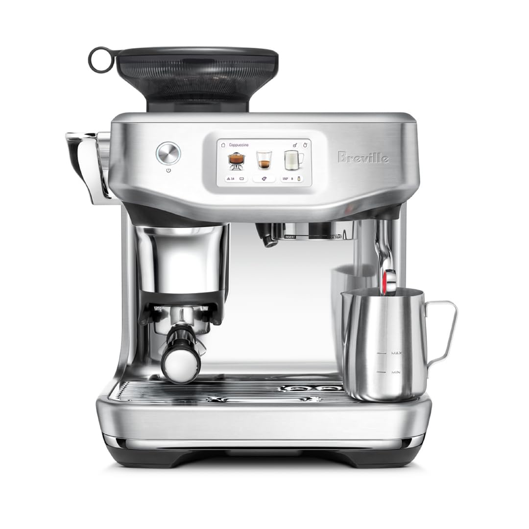 Breville Barista Touch Impress front view, premium coffee setup in brushed stainless steel