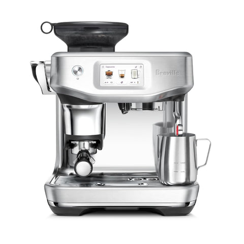 Breville Barista Touch Impress front view, premium coffee setup in brushed stainless steel
