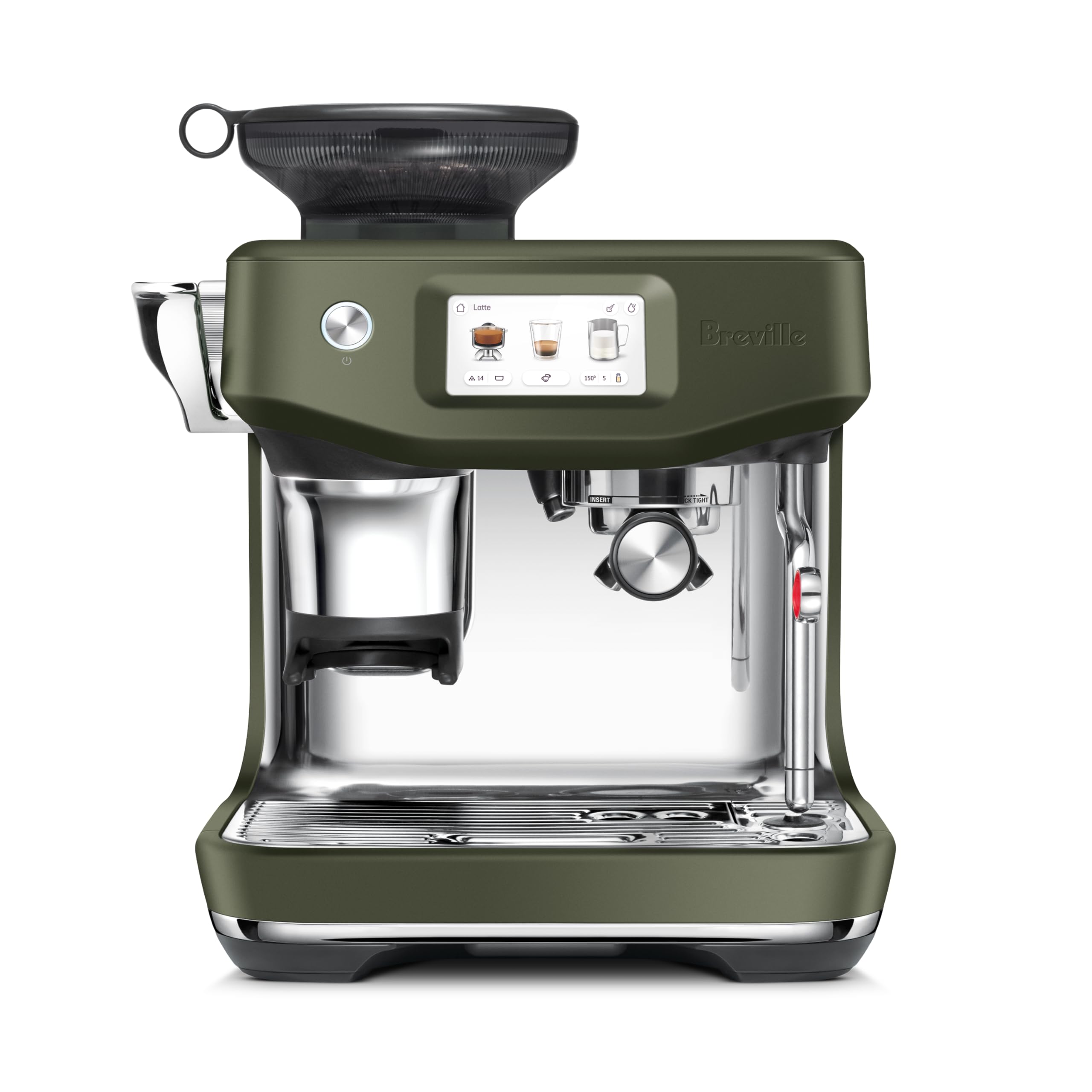 Breville Barista Touch Impress in Olive Tapenade, front view for a stylish home cafe
