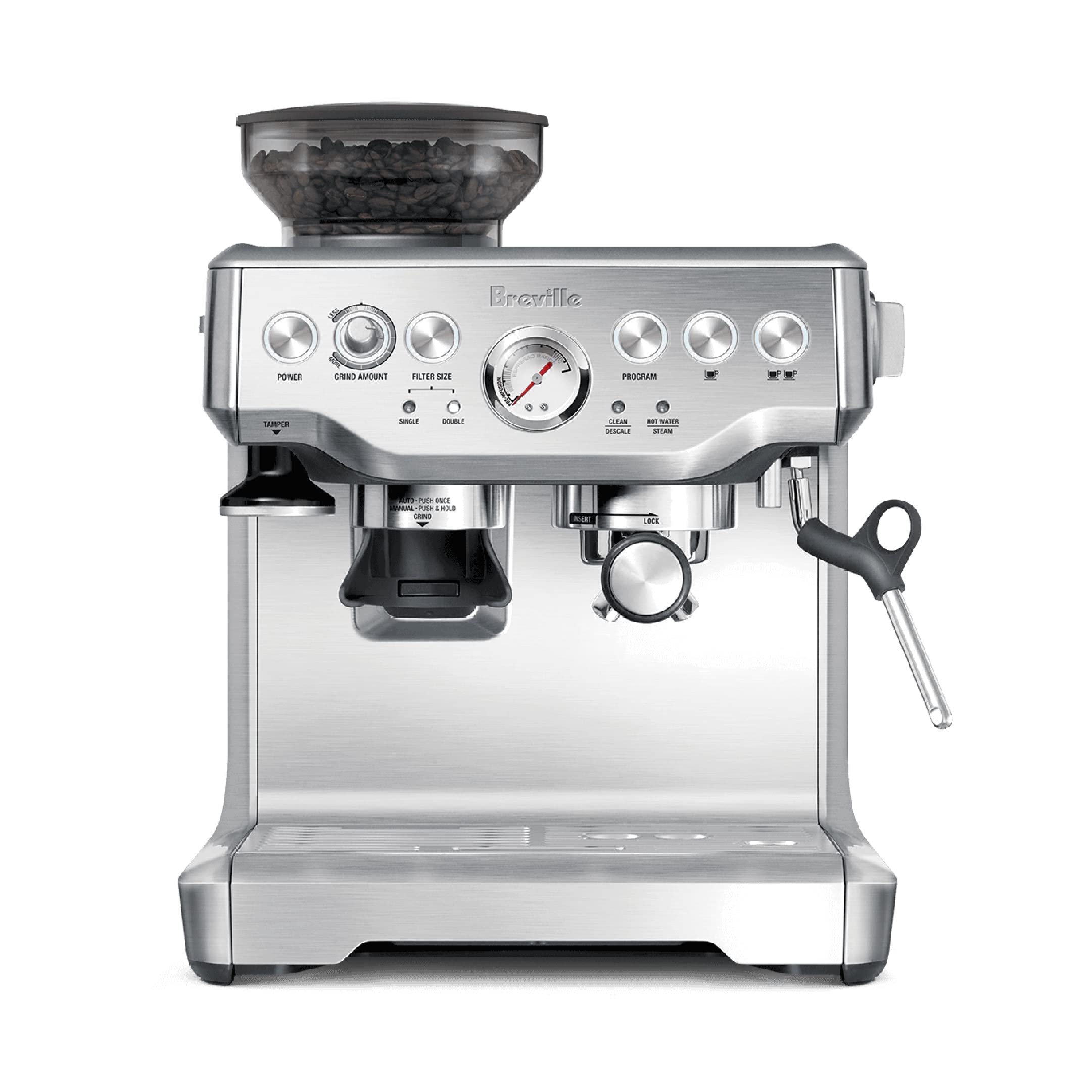 Breville BES870XL front view highlights durable brushed stainless steel for daily home barista use