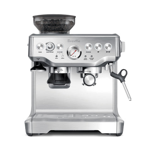Breville BES870XL front view highlights durable brushed stainless steel for daily home barista use