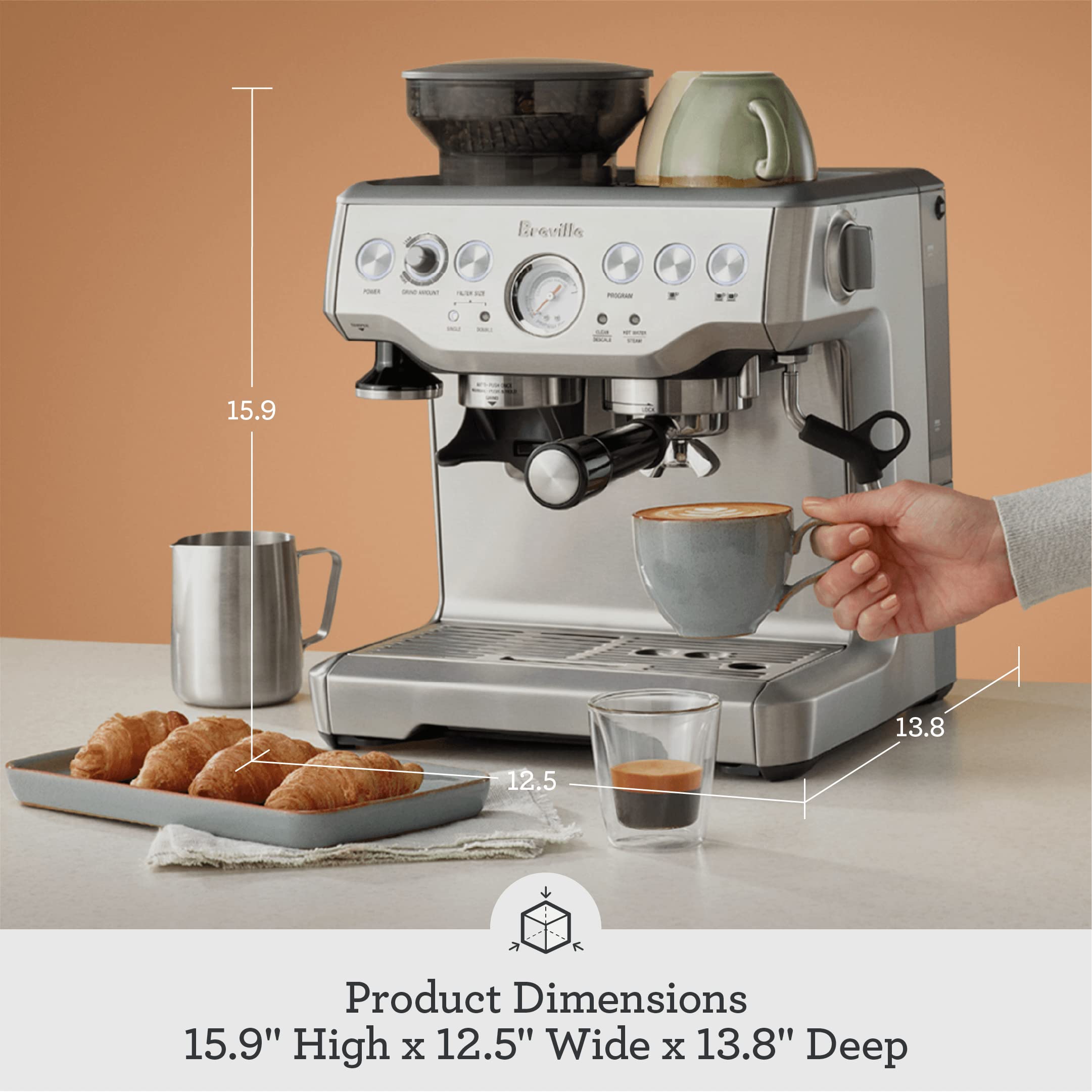 Breville BES870XL portafilter image emphasizes clean, even extraction with integrated grind-to-filter workflow