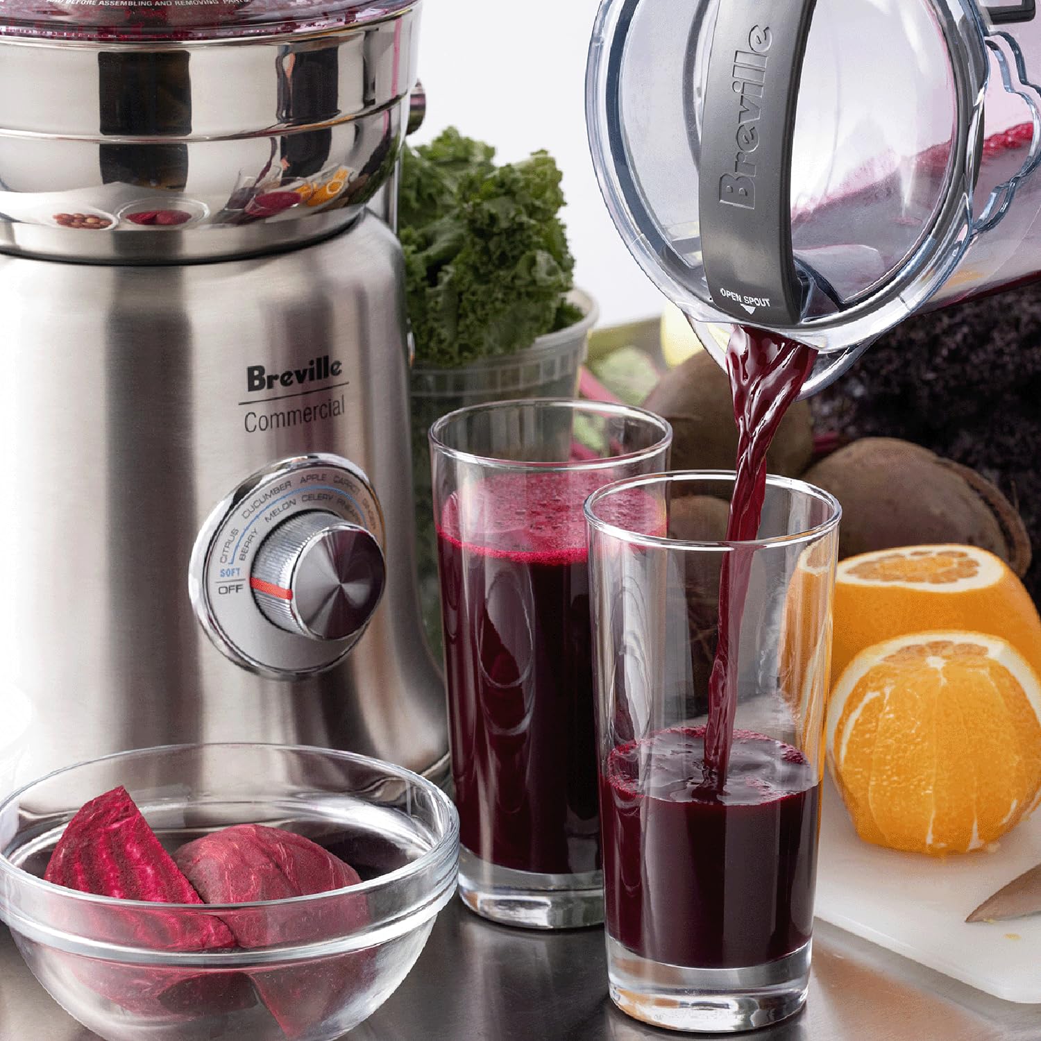 Breville Commercial Juice Fountain XL Pro 70oz jug captures more juice before refilling.