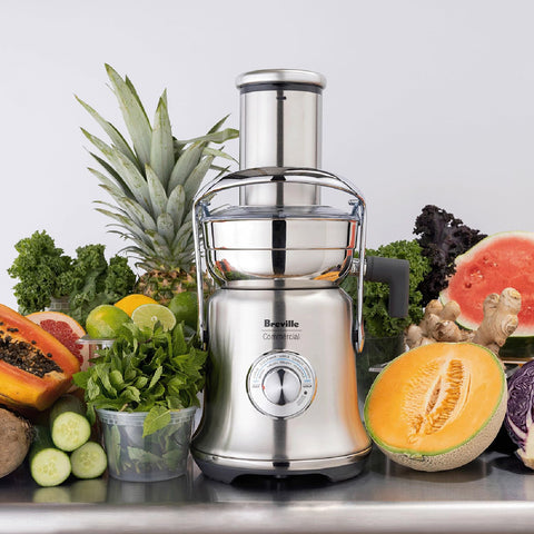 Breville Commercial Juice Fountain XL Pro speed dial highlights adjustable juicing for citrus and greens.