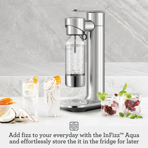 Breville InFizz Aqua front view shows sleek brushed stainless steel design.