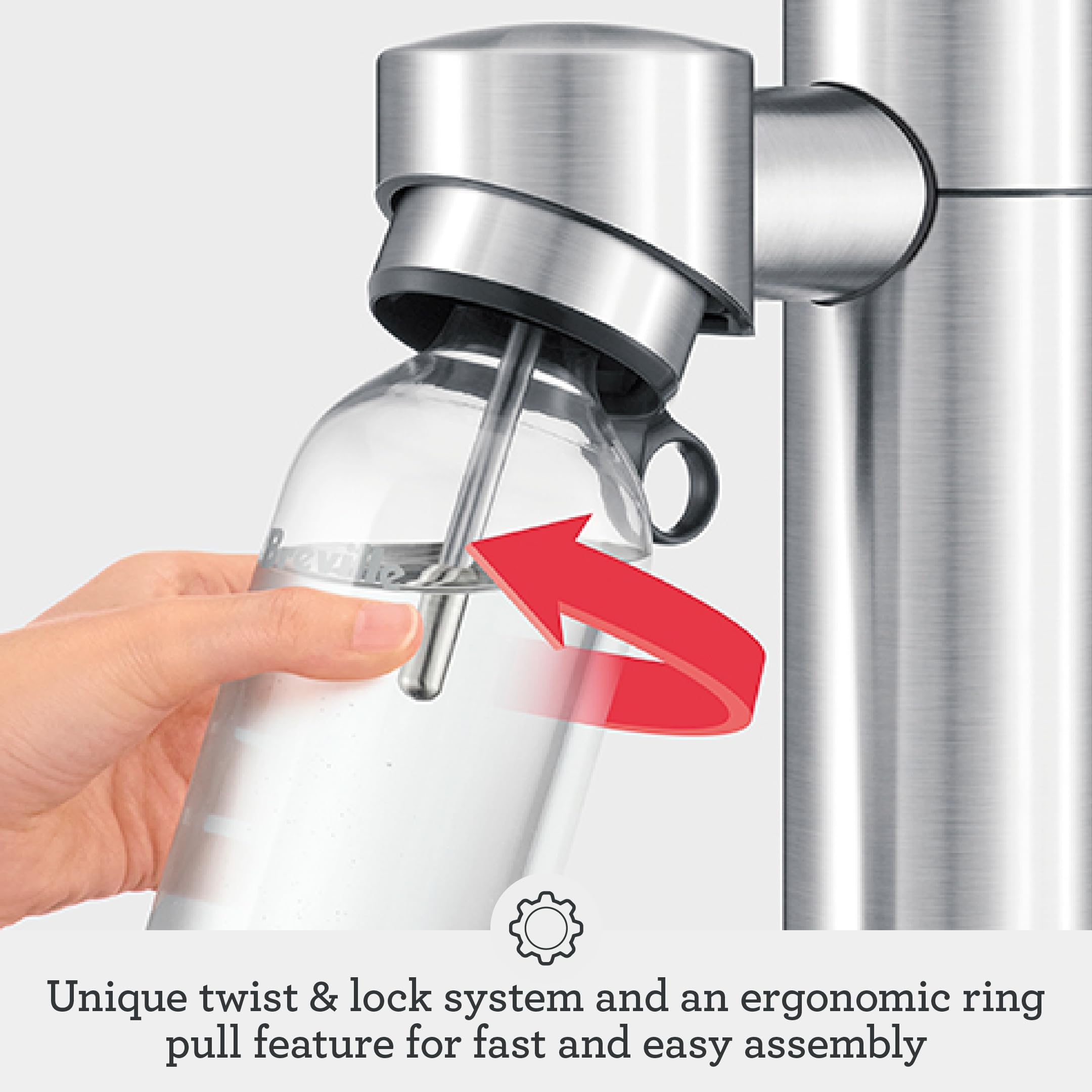 Breville InFizz Aqua locking system enables quick, one-handed carbonation setup.