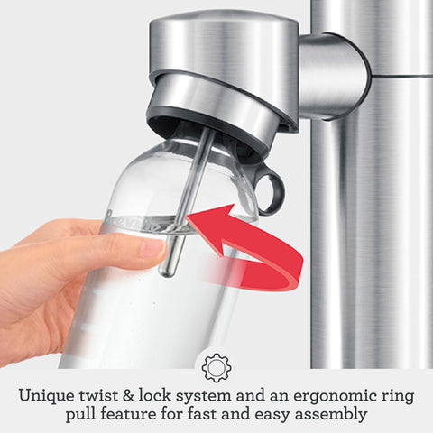 Breville InFizz Aqua locking system enables quick, one-handed carbonation setup.