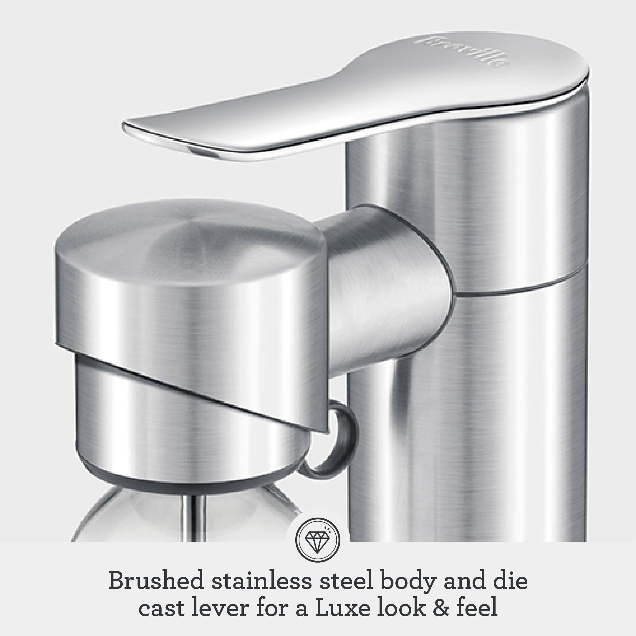 Breville InFizz Aqua stainless‑steel body adds premium, durable everyday use.