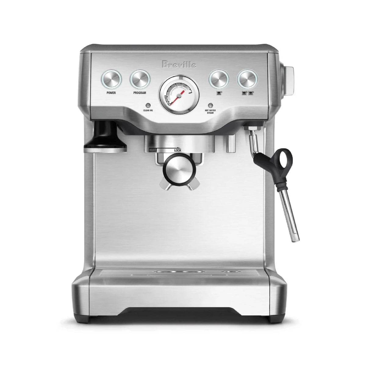 Breville Infuser espresso machine front view with precise dosing controls