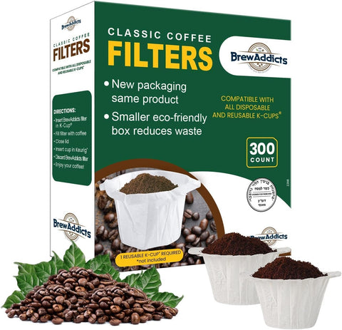 Brew Addicts 300-count filter pack front view for mess-free daily brewing.