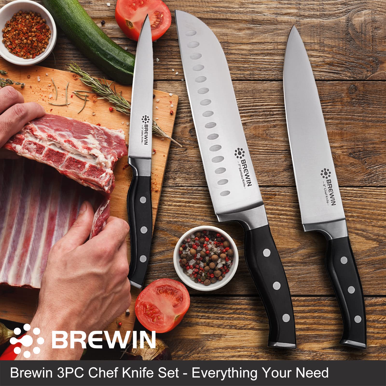 Brewin santoku knife blade close-up, highlighting sharp edge and ergonomic balance.
