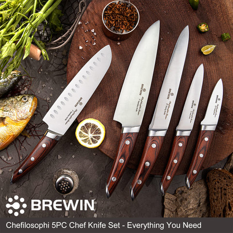 Brewin Chefilosophi eight-inch chef knife detail highlighting durable blade