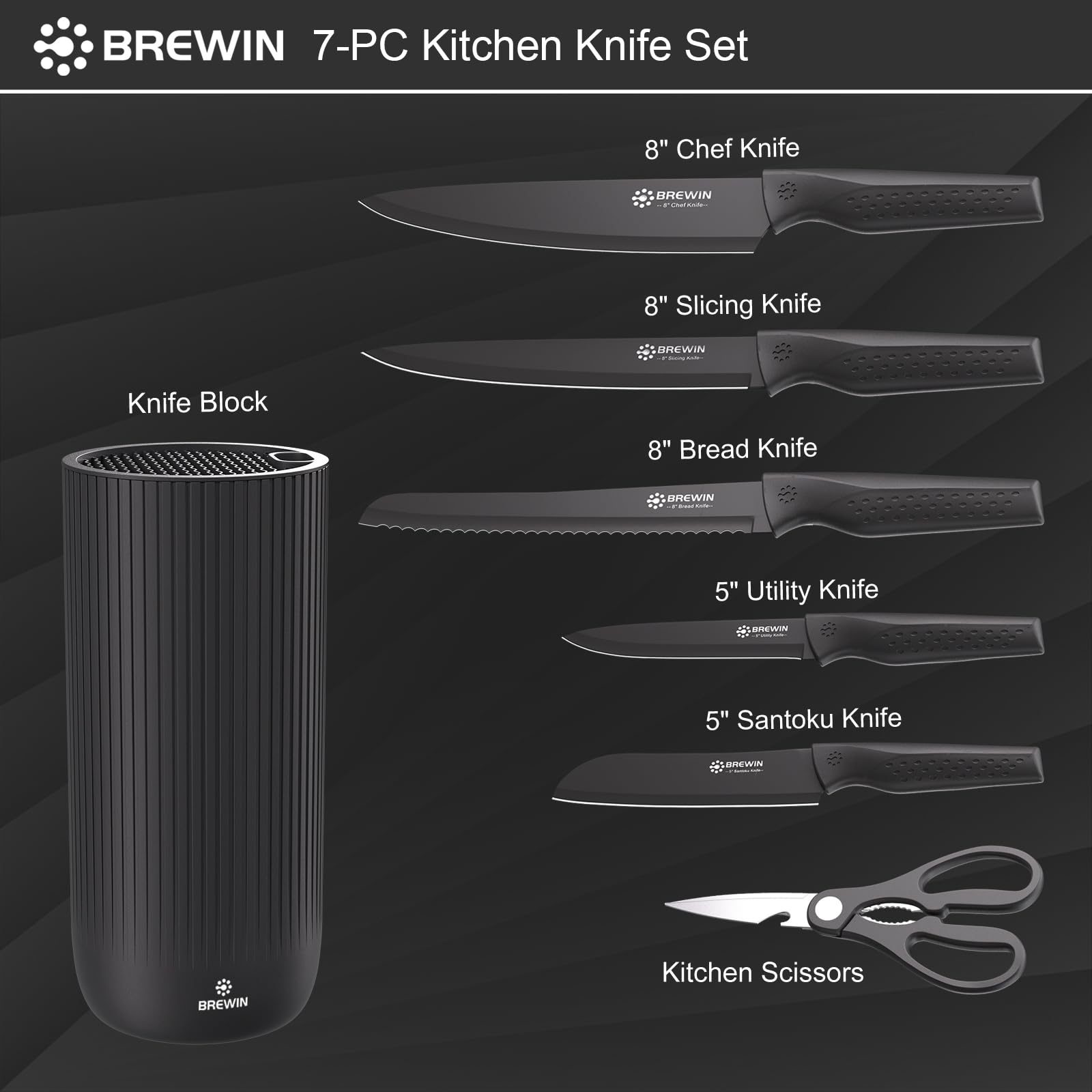 Brewin complete knife set with 5-inch santoku knife for chopping and dicing.