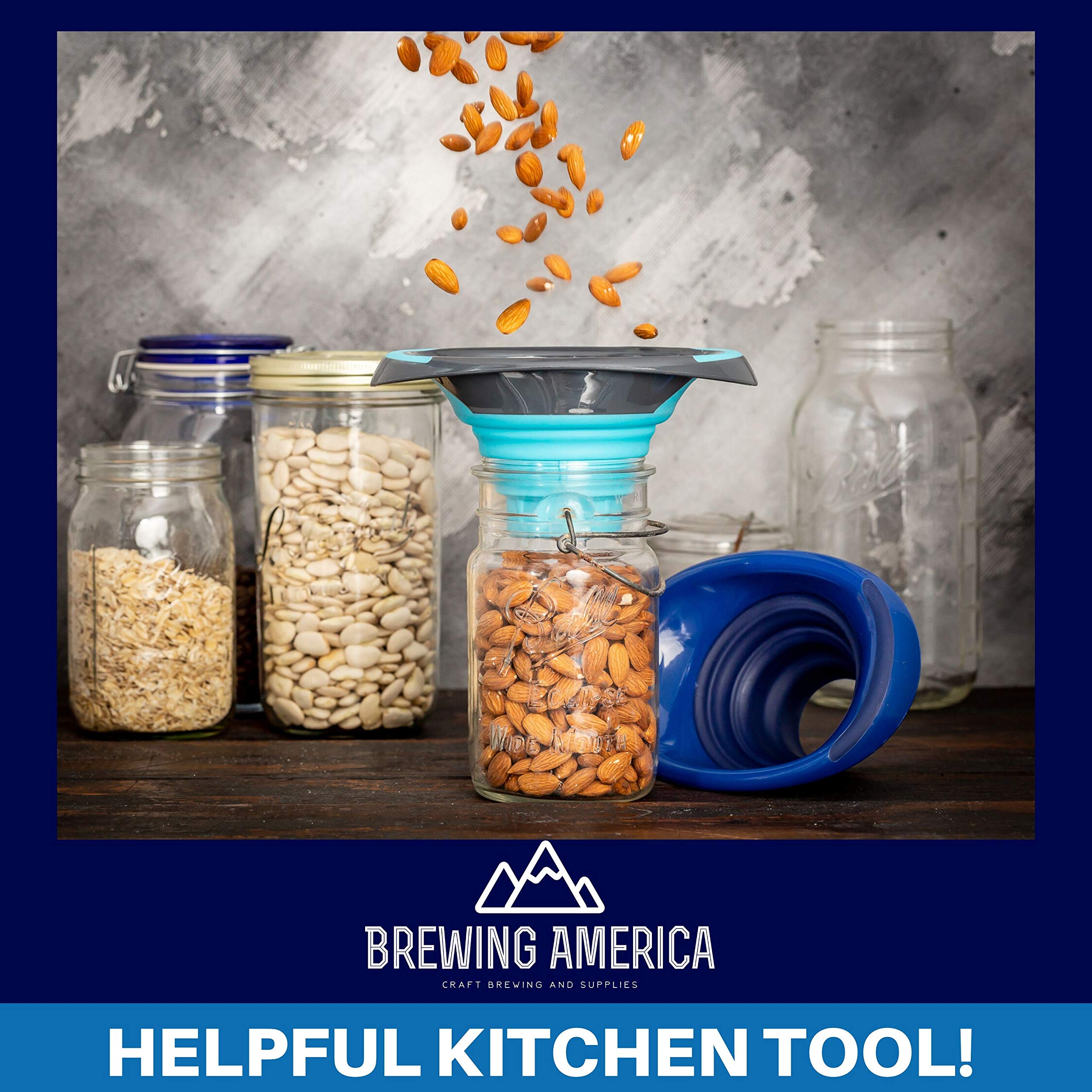 Brewing America collapsible silicone funnel for regular-mouth jars in teal ensures smooth transfers