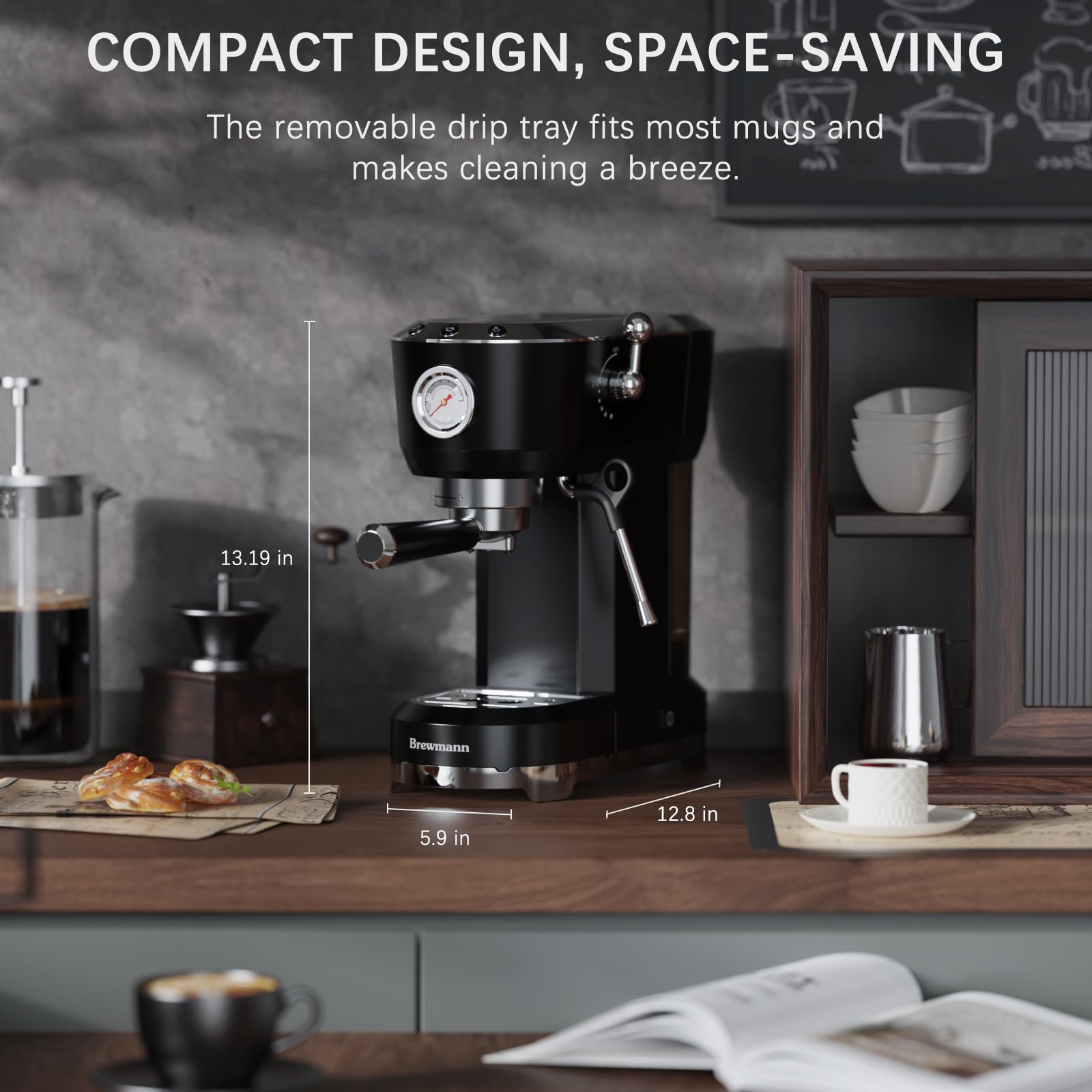 Brewmann espresso machine 20-bar pump for rich crema and full flavor.