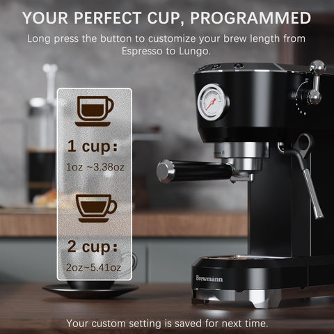 Brewmann espresso machine pre-infusion ensures balanced extraction and aroma.