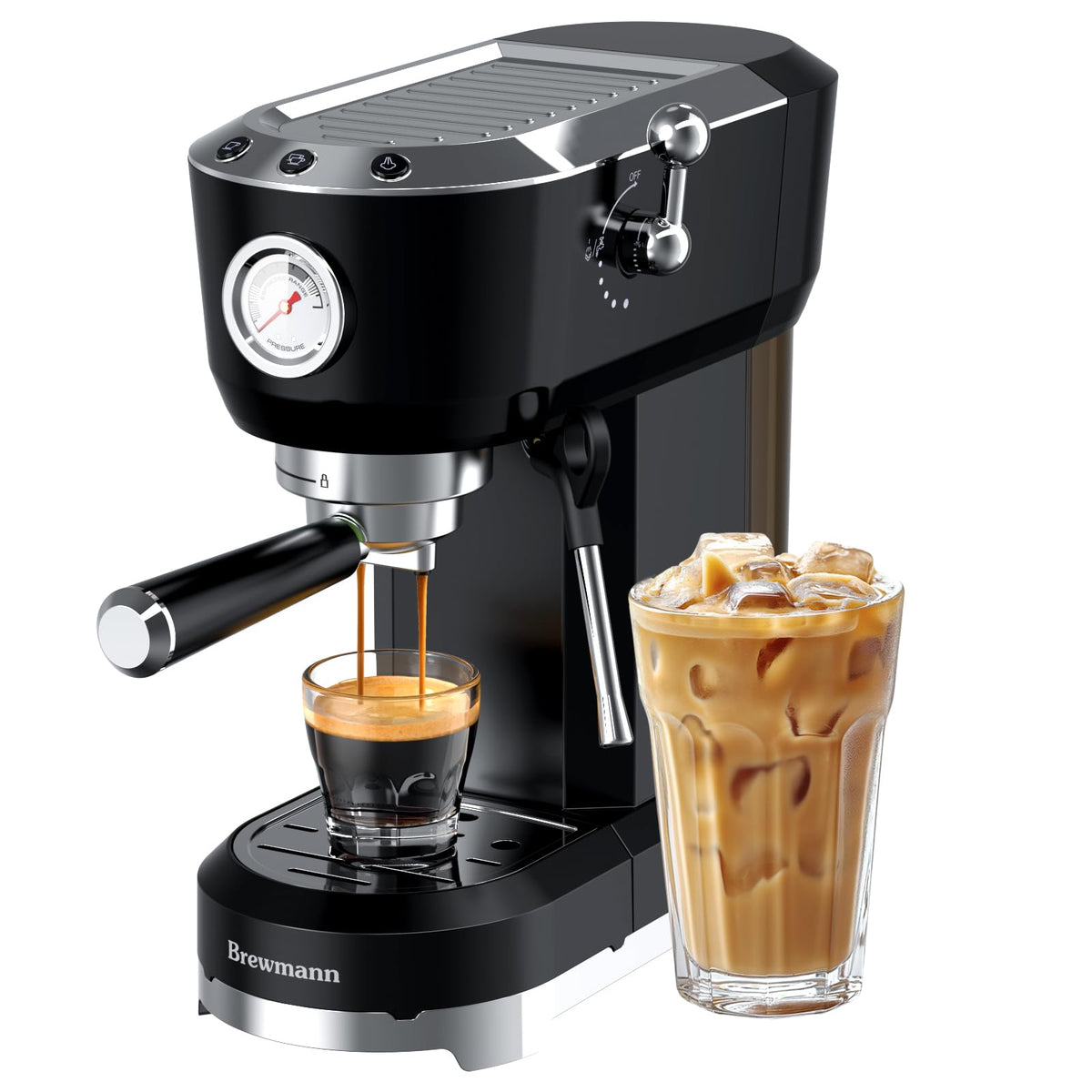 Brewmann espresso machine steam wand creating silky milk foam for lattes.