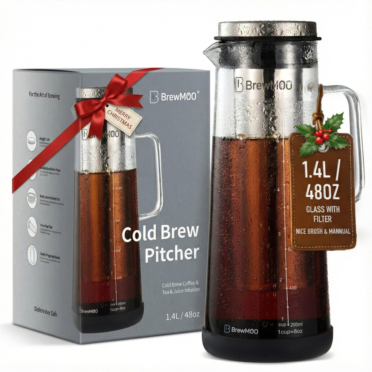 BrewMOO airtight pitcher with 1.4L capacity keeps freshness for longer cold brew.