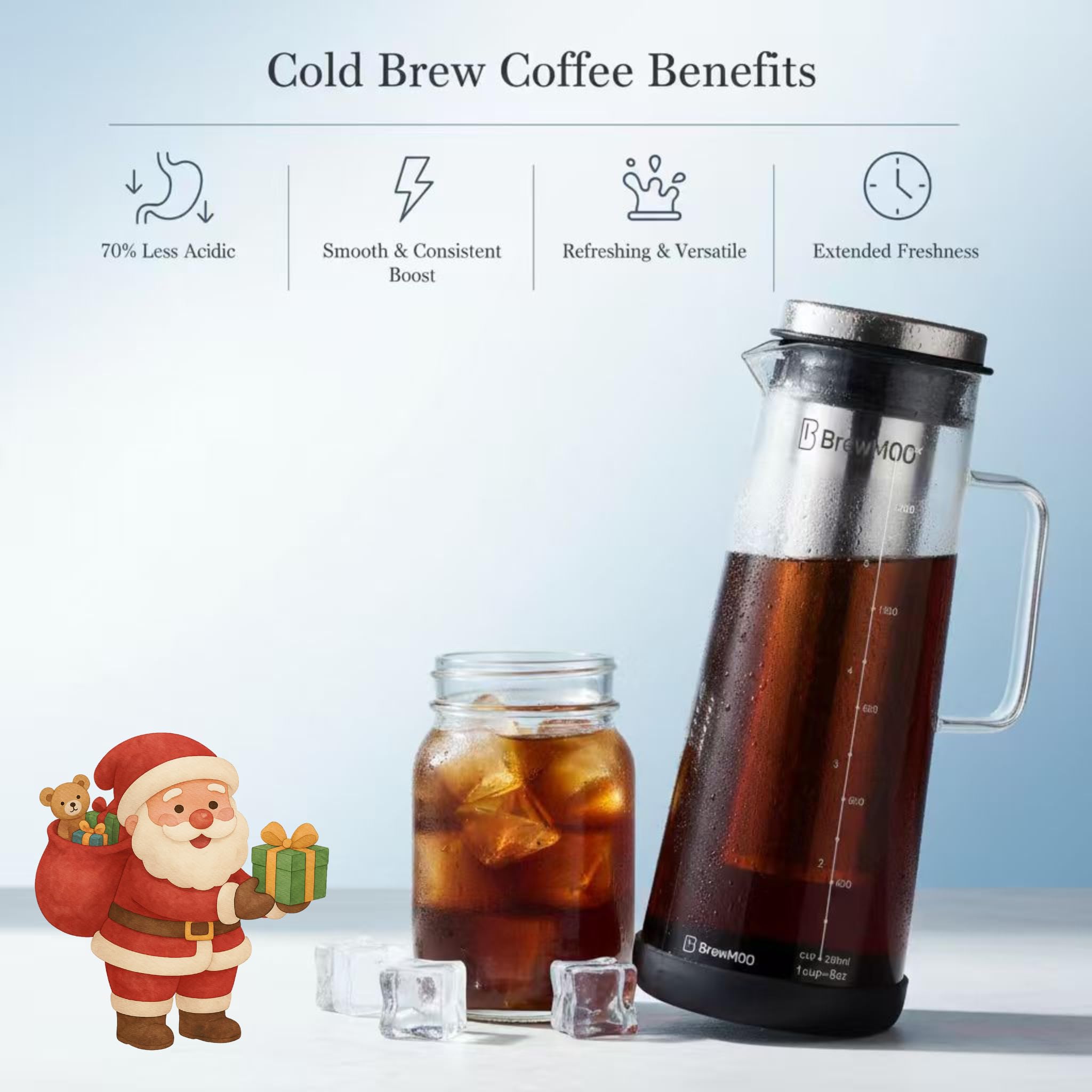 BrewMOO borosilicate-glass carafe showcases rich coffee tones and clean sipping.