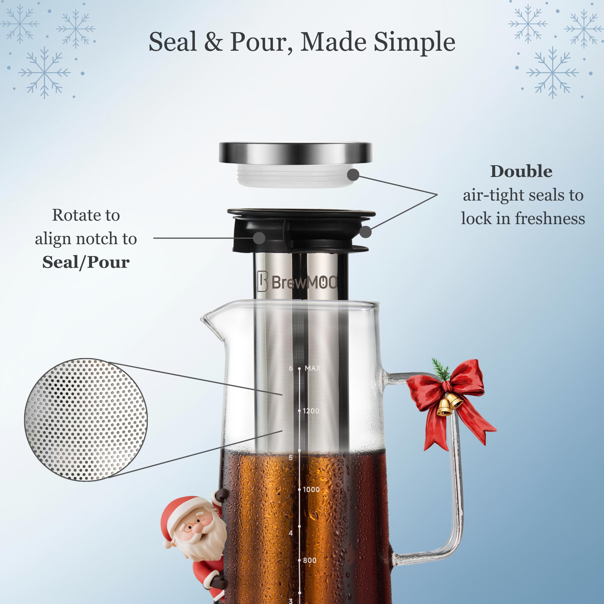 BrewMOO wide-spout-for-pour promotes easy pouring without drips.