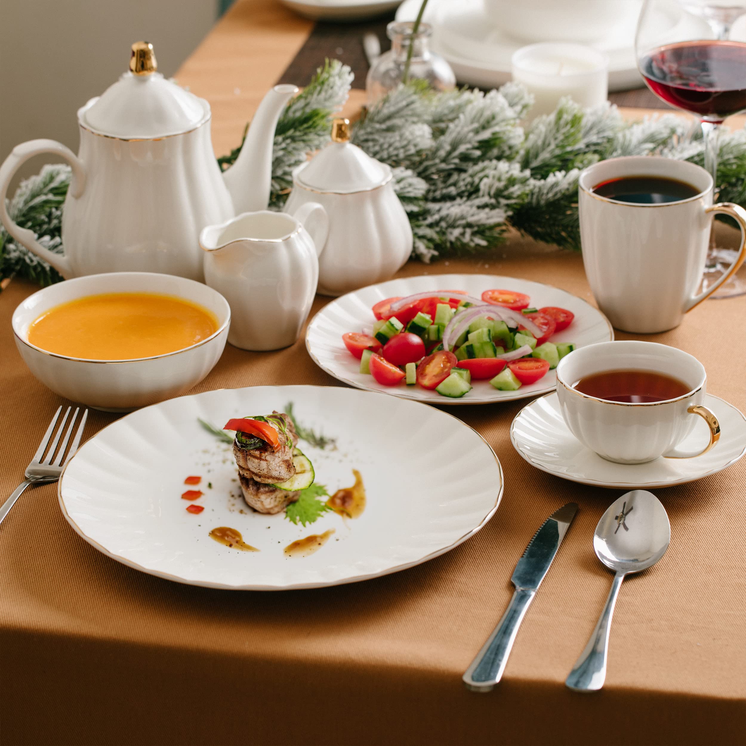 Brew To A Tea white plates with gold trim elevate casual dinners.