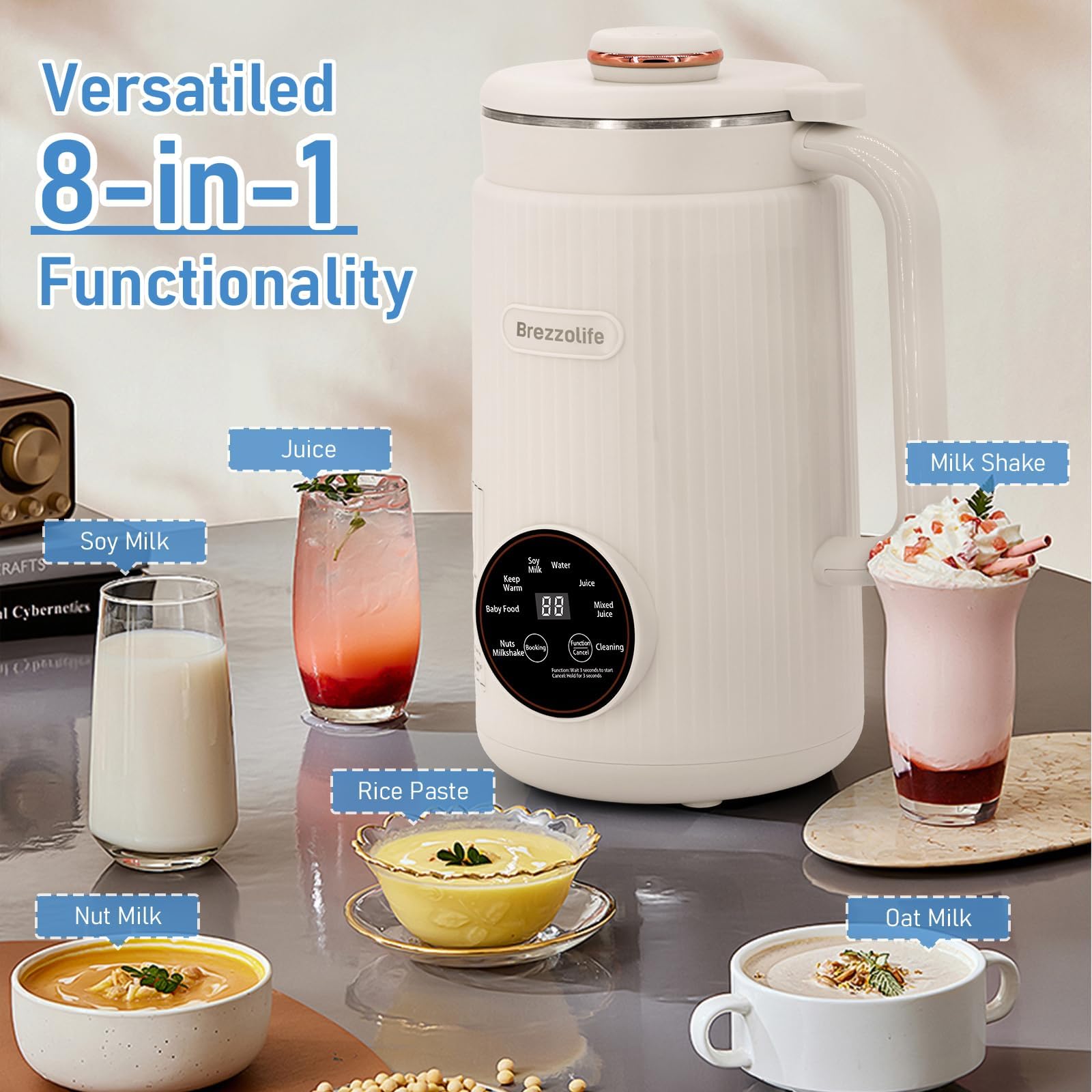 Brezzolife Nut Milk Maker with stainless steel blades delivering smooth milk.