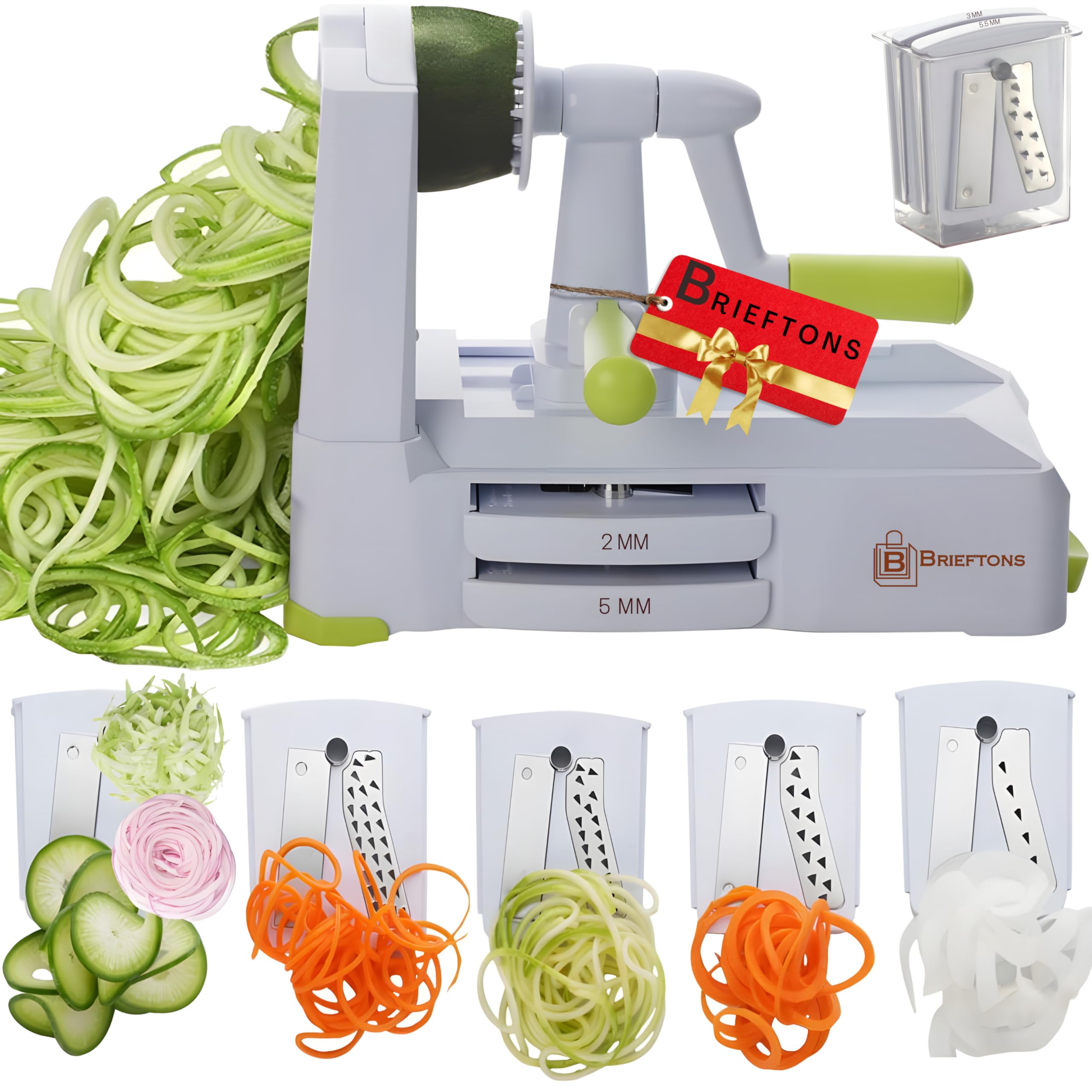 Brieftons 5-Blade Spiralizer top view shows the complete bundle for quick veggie spirals.