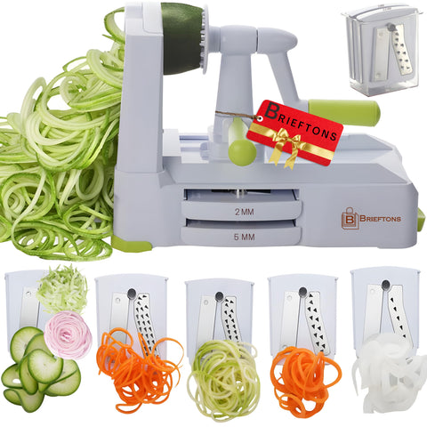 Brieftons 5-Blade Spiralizer top view shows the complete bundle for quick veggie spirals.