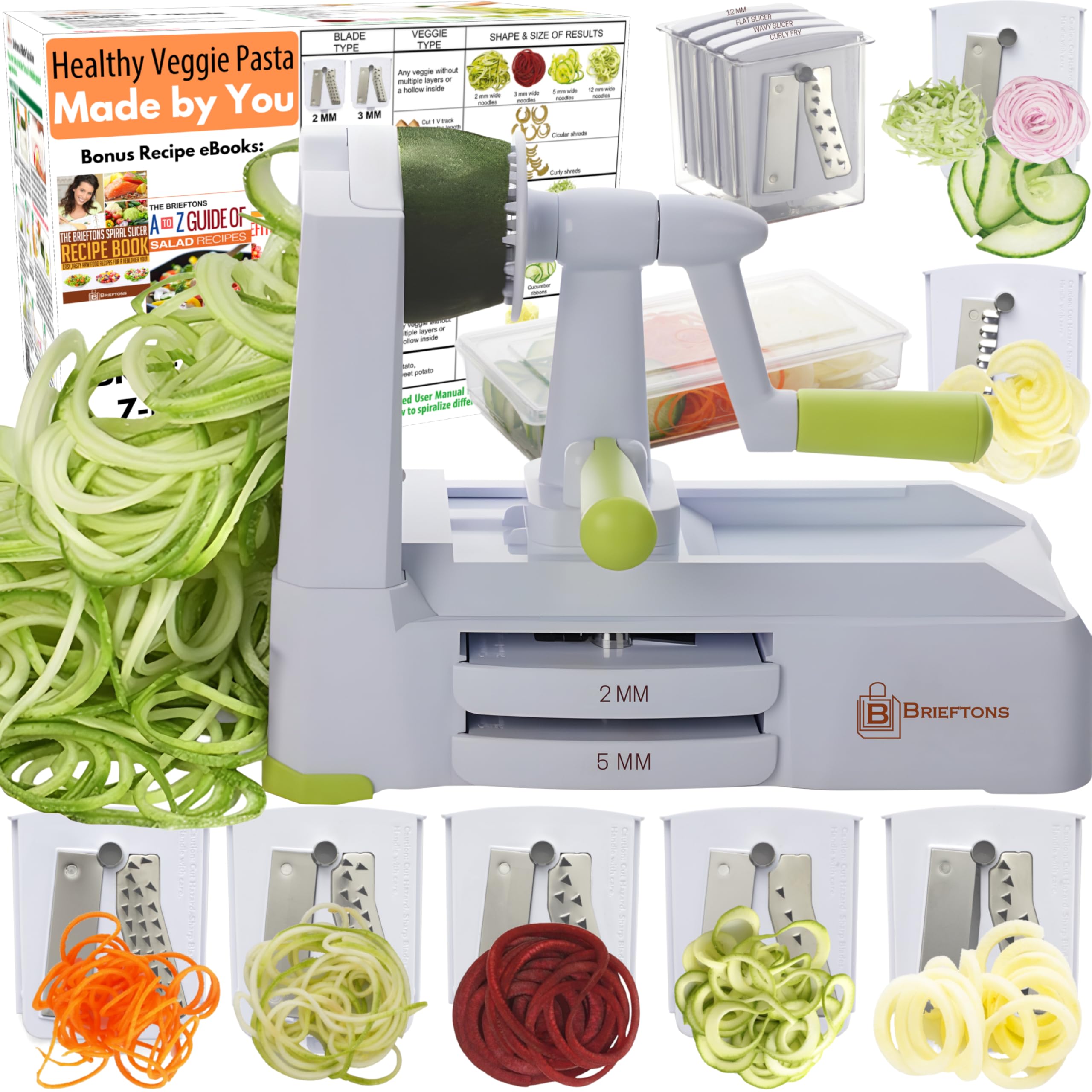 Brieftons 7-Blade Spiralizer set with durable blades for crisp veggie noodles.