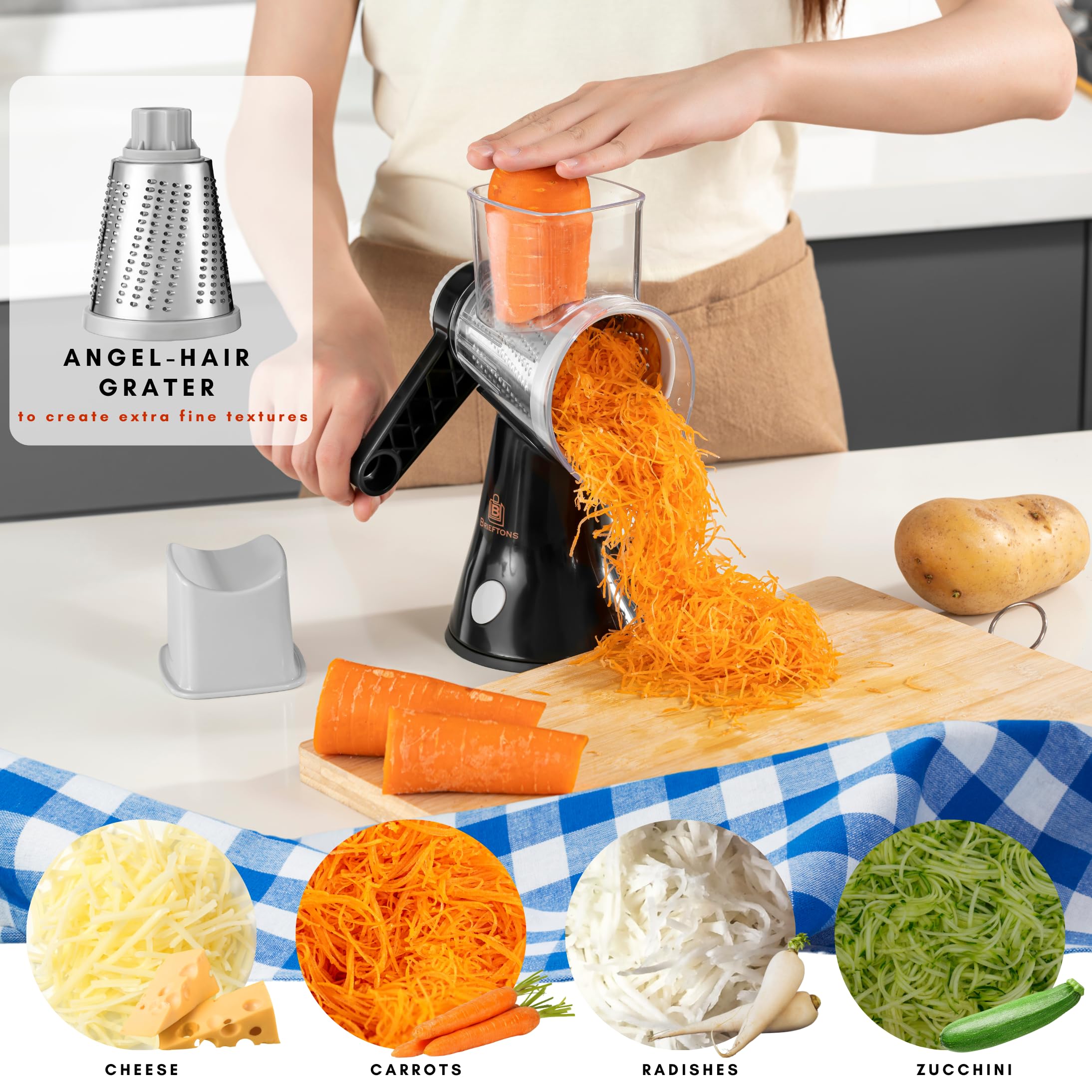Brieftons coarse drum shreds firmer cheeses and vegetables quickly