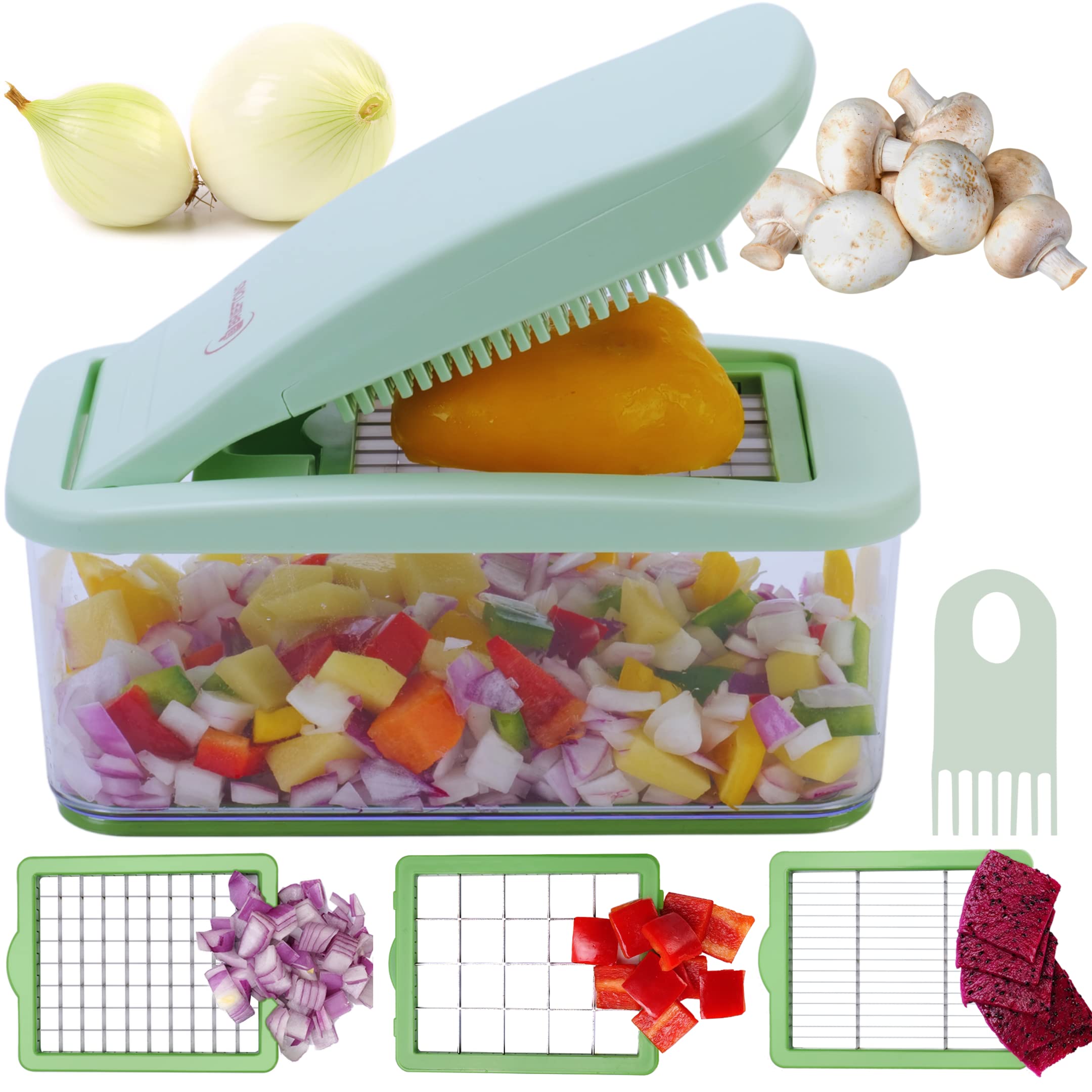 Brieftons QuickPush dicer blades set for quick, uniform chopping.