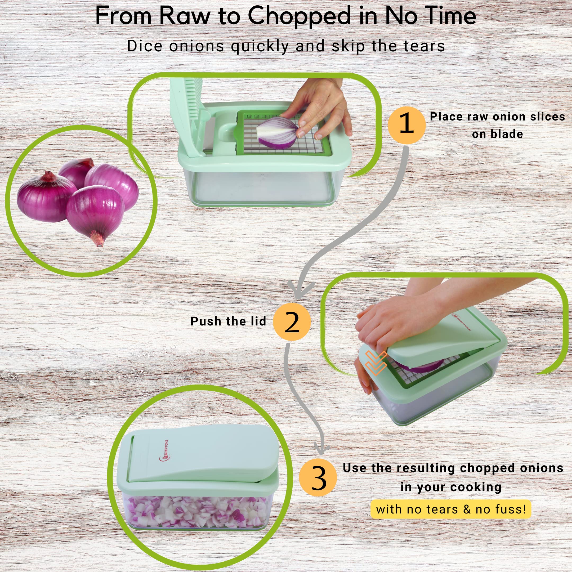 Brieftons QuickPush lid and handle for safe, mess-free chopping.