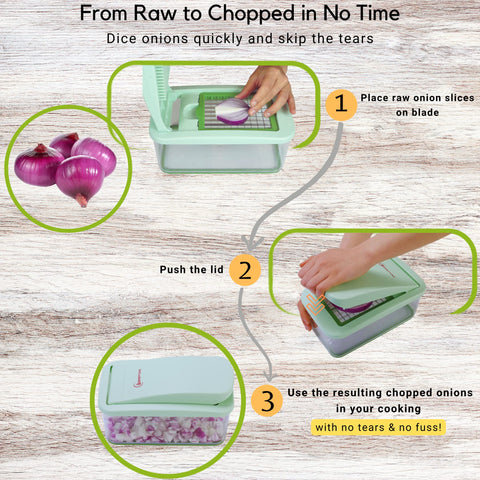 Brieftons QuickPush lid and handle for safe, mess-free chopping.