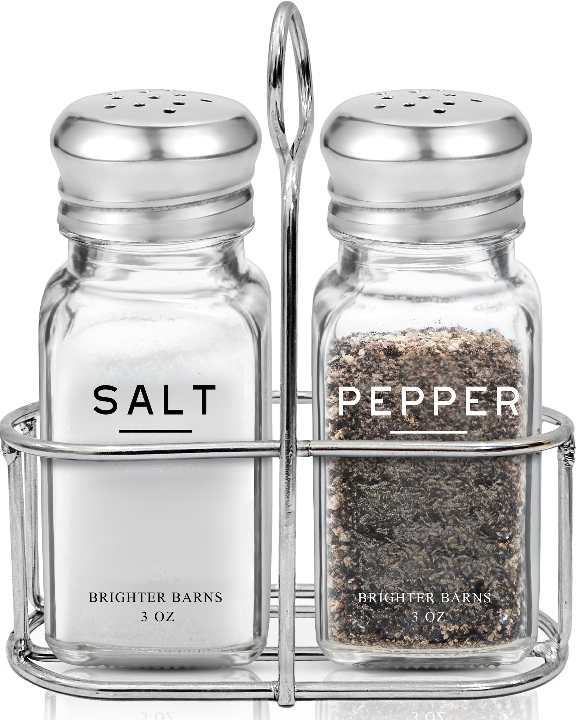 Brighter Barns glass salt and pepper shakers with holder on a modern table for easy seasoning.