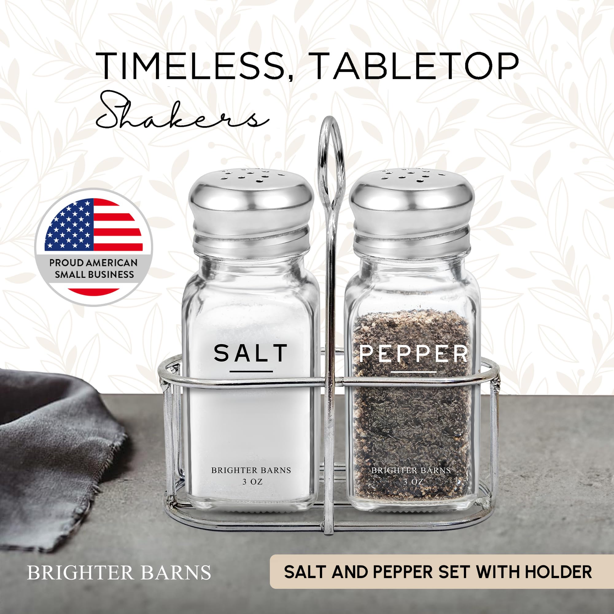 Brighter Barns salt-pepper shakers top view with stainless steel tops for smooth pours.
