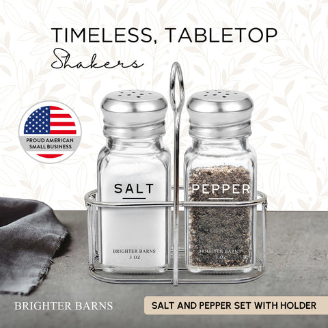 Brighter Barns salt-pepper shakers top view with stainless steel tops for smooth pours.