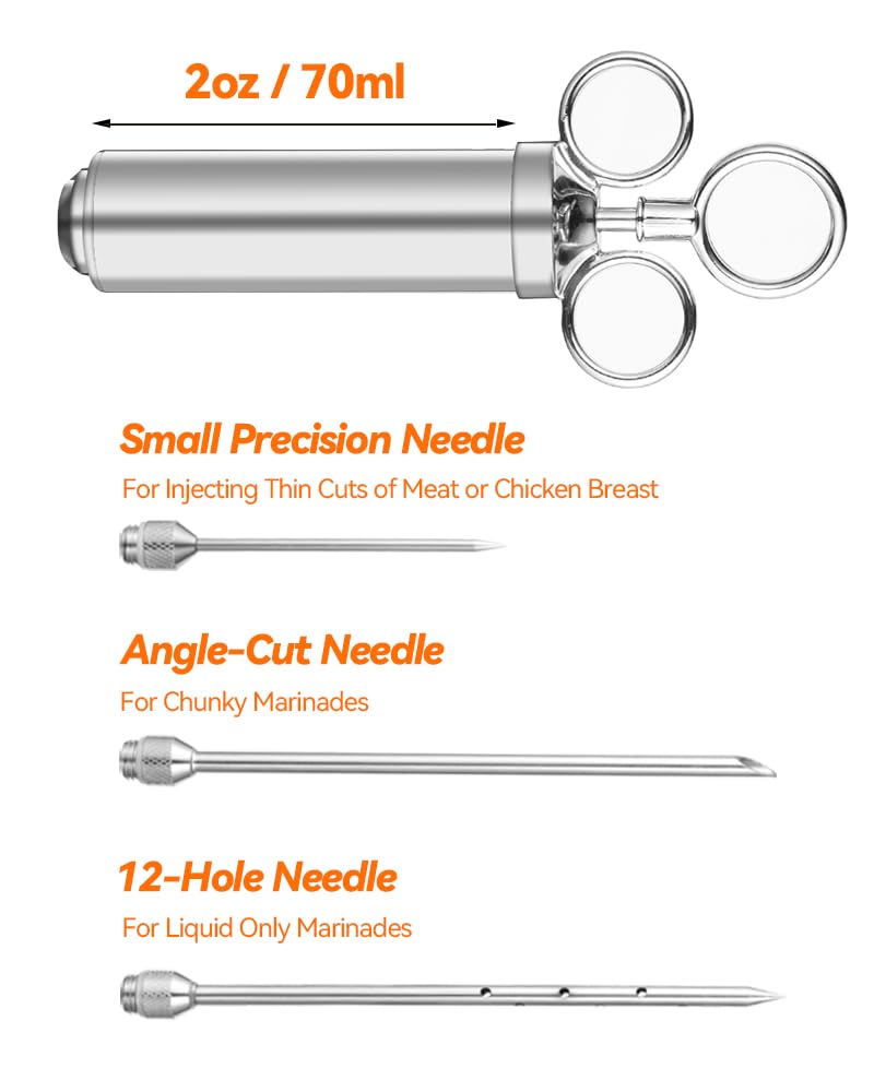 Brigii angled needle for reaching tight spots and thorough marinade.