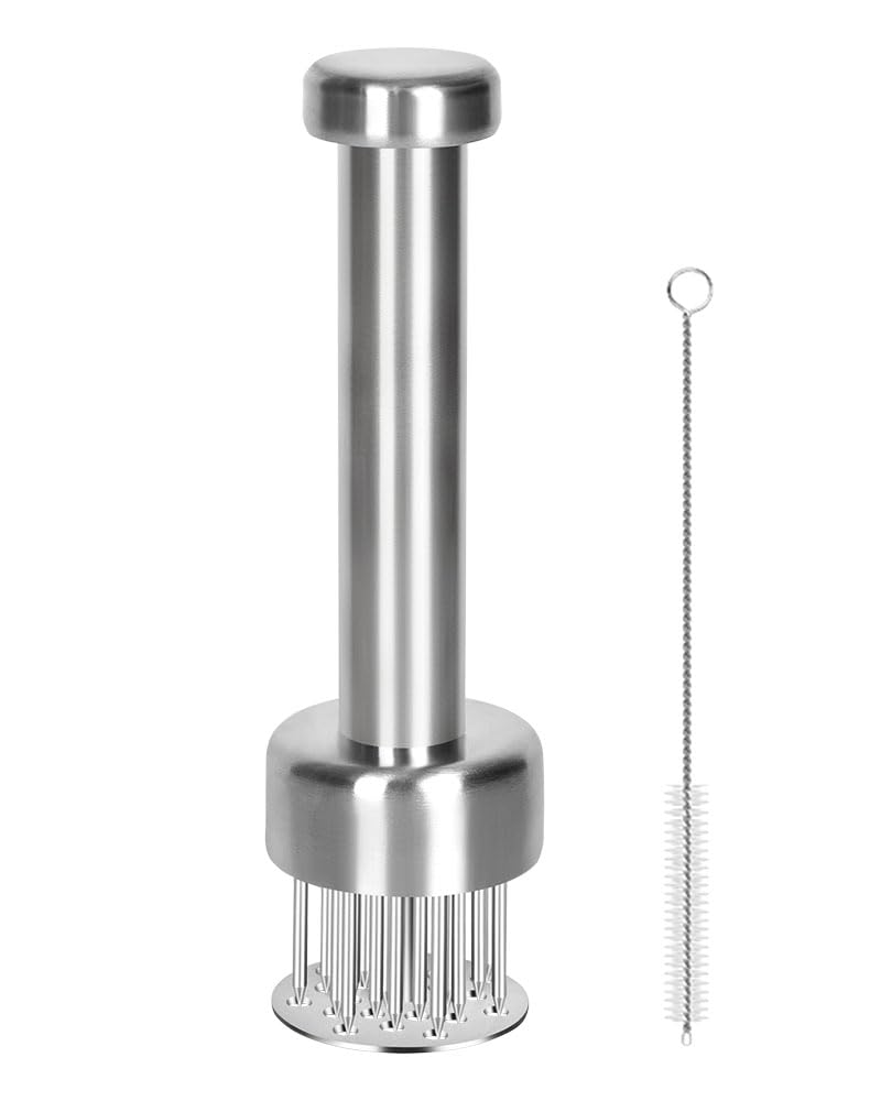 Brigii meat tenderizer with 21 needles for quicker, more even texture.
