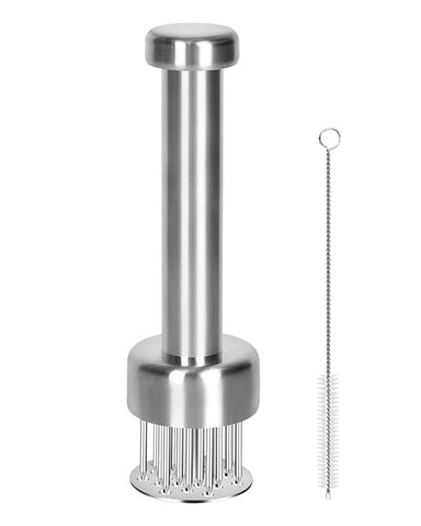 Brigii meat tenderizer with 21 needles for quicker, more even texture.