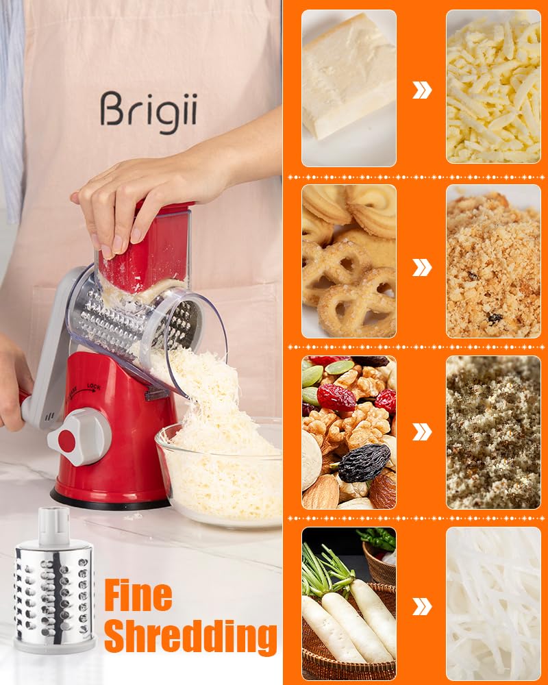 Brigii Rotary Cheese Grater hand crank in action for fast chopping.