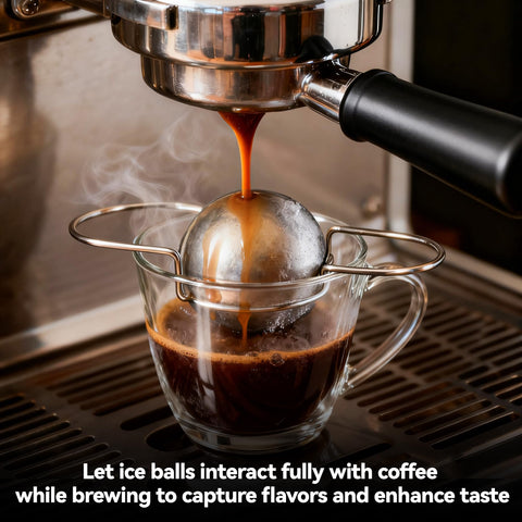 Brikinte stainless steel espresso chilling ball on mug for quick, flavor-preserving cooling