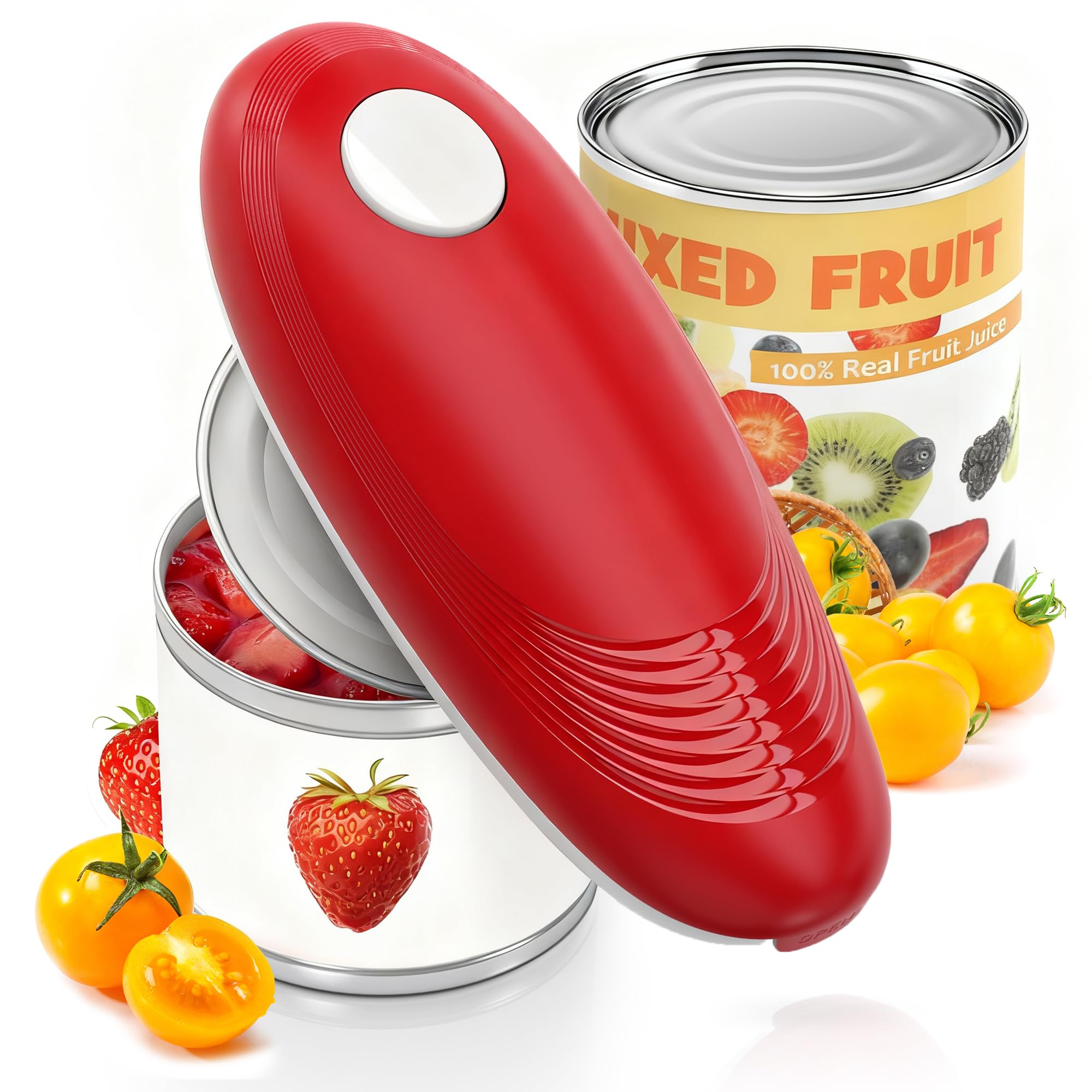 Brilam electric can opener demonstrates side-edge cut for safer opening.