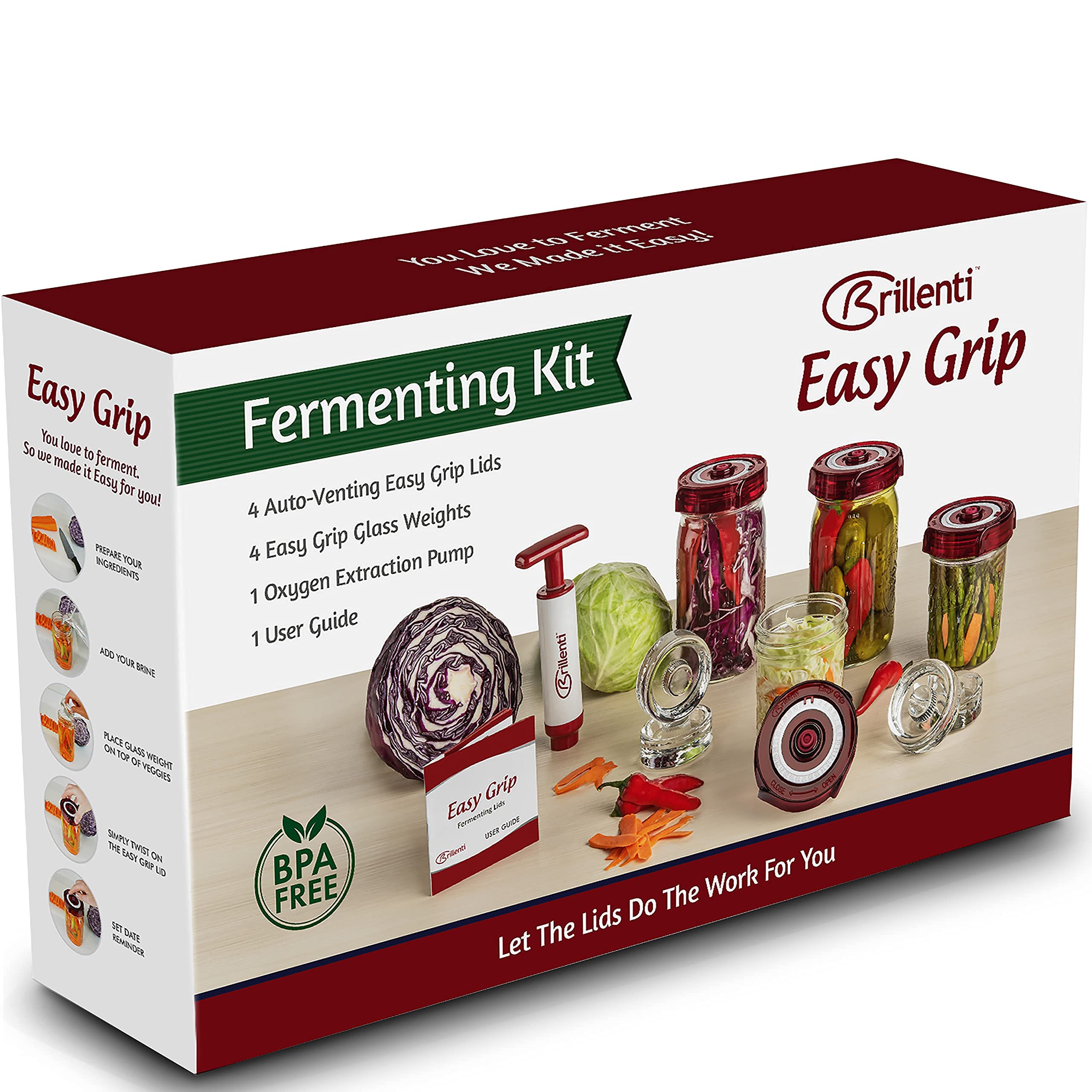 Brillenti mason jar fermentation lid on wide-mouth jar enables easy, no-burp airlock operation