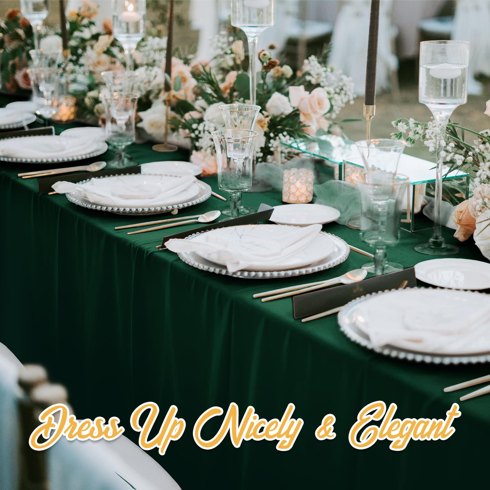 BRILLMAX hunter green tablecloth for weddings and parties under soft lighting.
