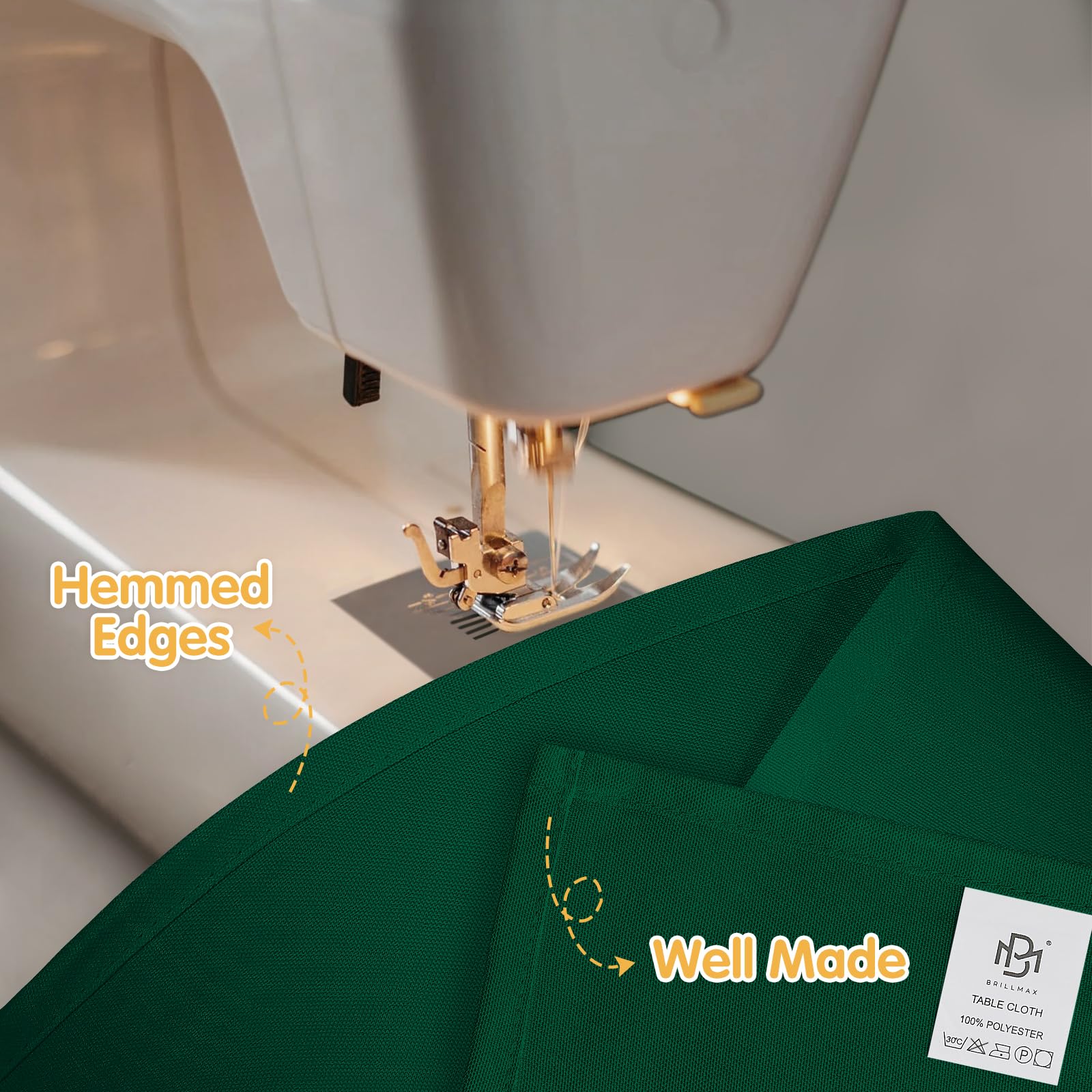 BRILLMAX hunter green tablecloth demonstrates wrinkle resistance during setup.