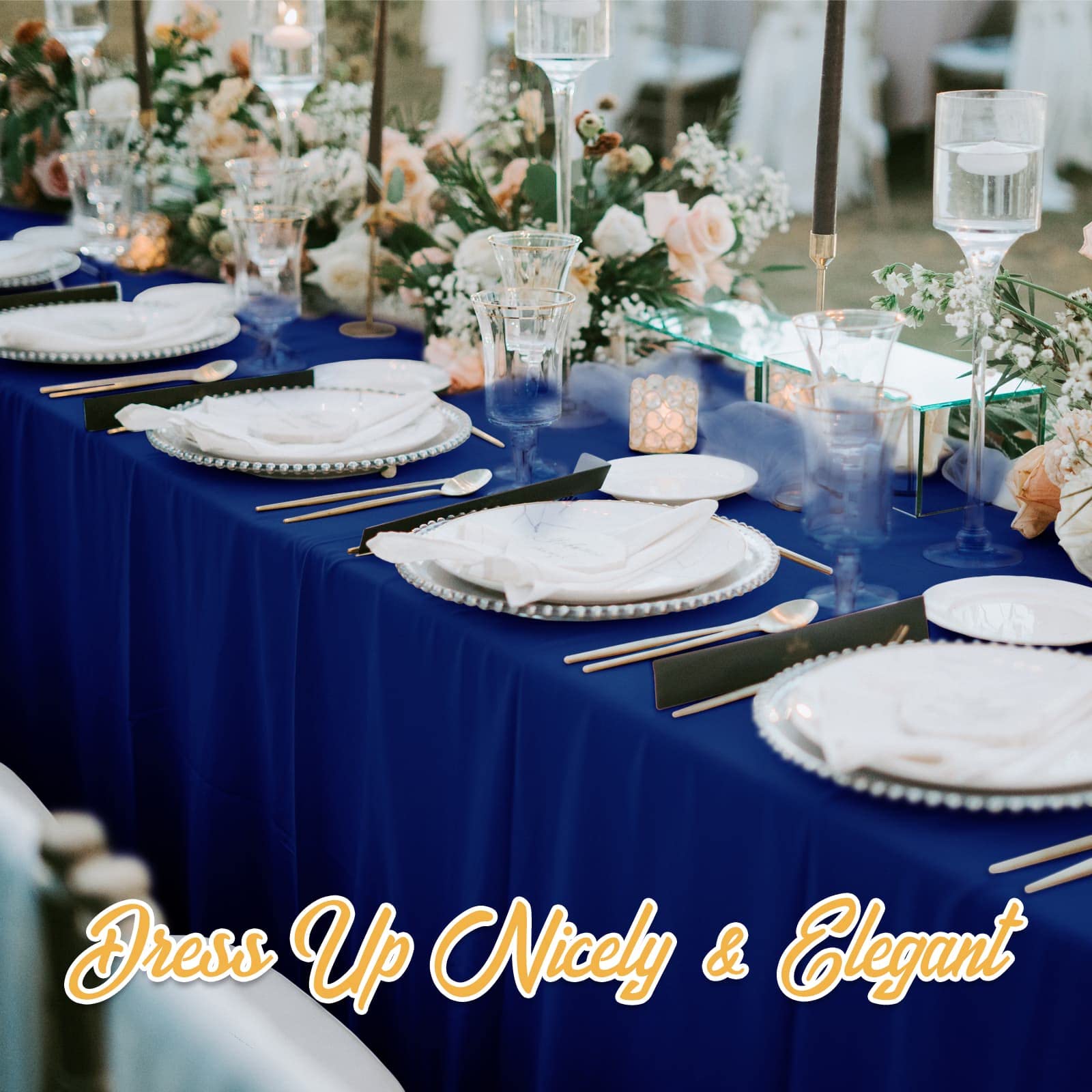 BRILLMAX dining scene with navy tablecloth conveys sophisticated ambiance.