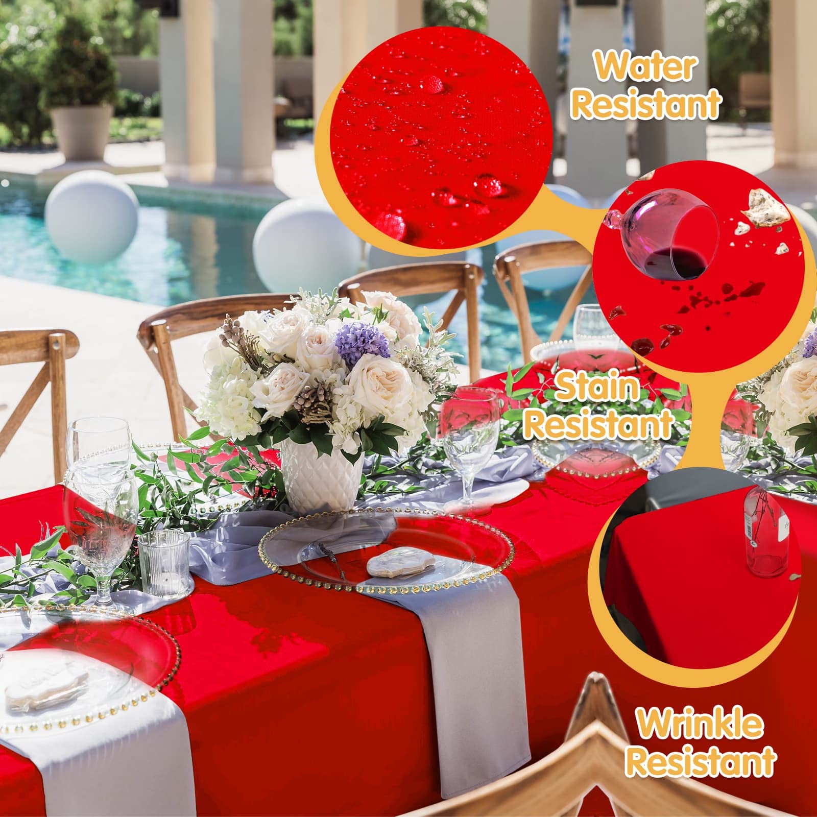 BRILLMAX red tablecloth showing wrinkle resistance for quick setup.