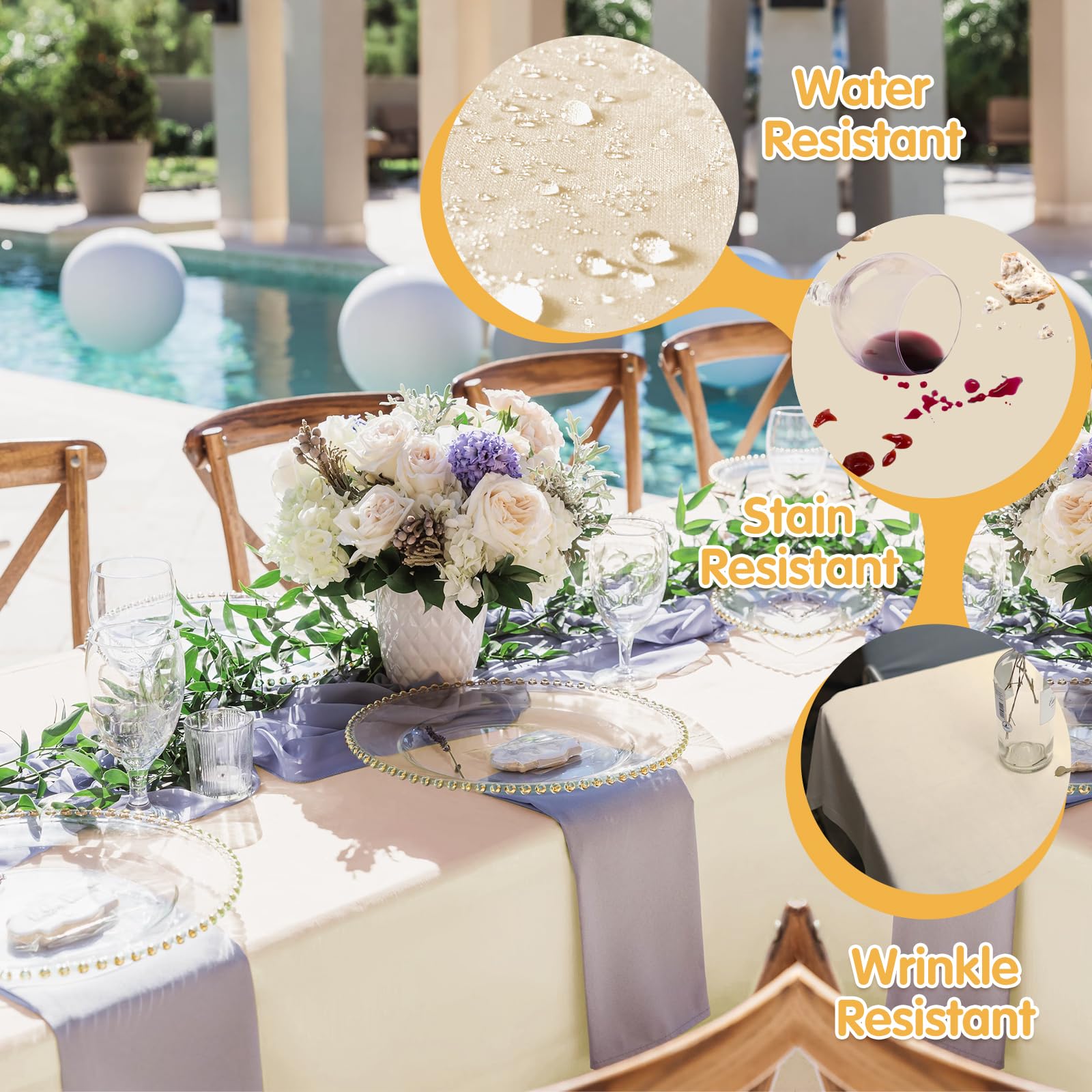 BRILLMAX stain-resistant beige tablecloth ready for spill cleanup
