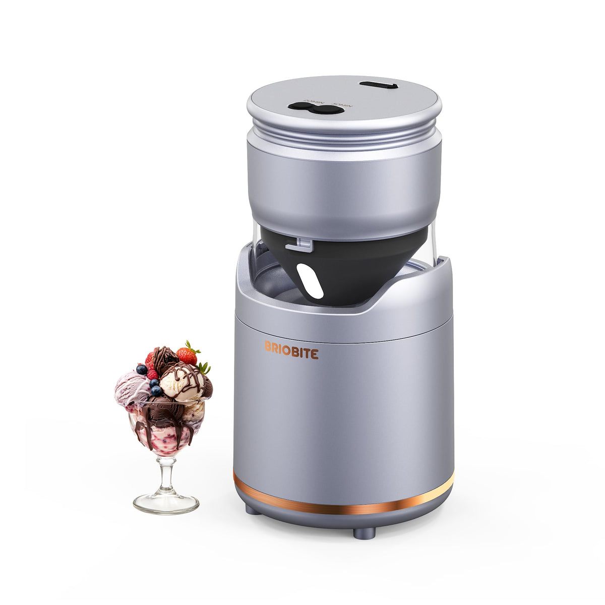BRIOBITE ice cream maker on countertop delivering fast homemade treats